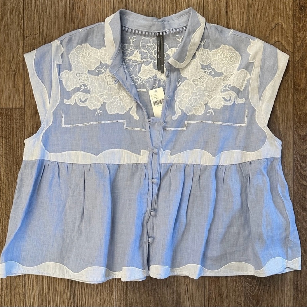 *NWT* Anthropologie Light Blue Embroidered Peplum Button-Up Top